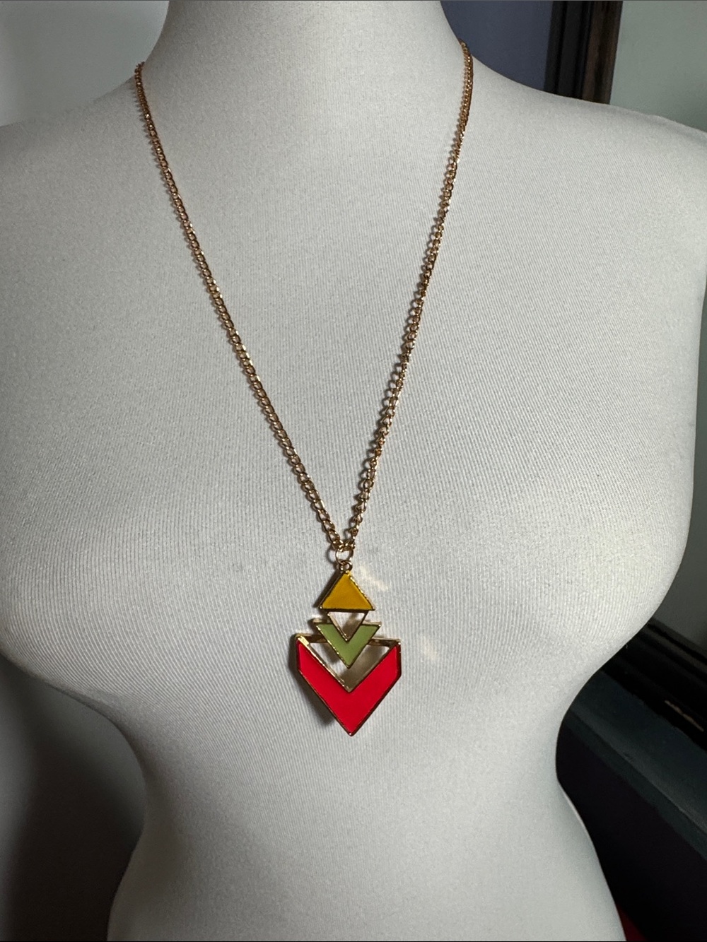 Gold-Tone Necklace with Red, Olive and Mustard Chevron Pendant